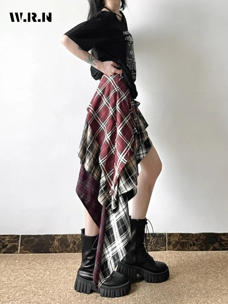 2024 Summer Hotsweet Style Plaid Print Y2k Aasymmetrical Skirts Women\'s Vintage High Waist Slim Fit Casual Sweet Mini Skirt