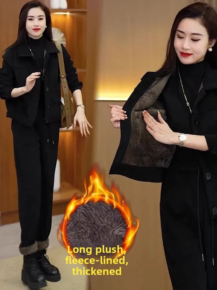 Winter Thickened Fleece Women's Fashion Set Casual Loose Slimming Small Size Two-piece Suit Long Sleeve Button Closure image 4