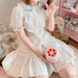 Summer Cute Lolita Blouses Women Sweet Peter Pan Collar Ruffles Bow Lace Shirts Tops Girly Polka Dot Puff Sleeve Kawaii Blouse