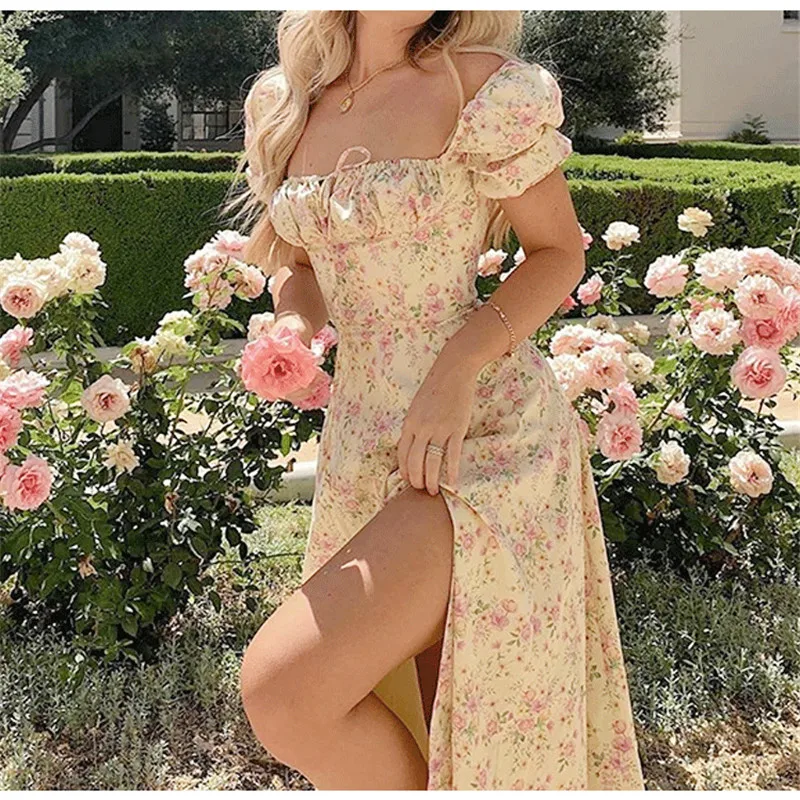Hoge split bloemenprint jurk zomer vrouwen vierkante kraag slanke bohemen jurk vrouwelijke bladerdeeg mouw lange kust strandjurk vestidos
