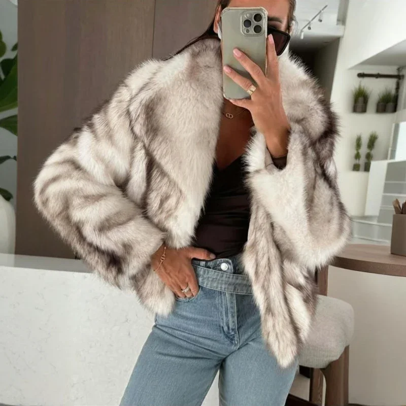 Abrigo de piel degradado a la moda para mujer, abrigo de piel sintética Maomao de manga larga con solapa, chaquetas cálidas para invierno para mujer