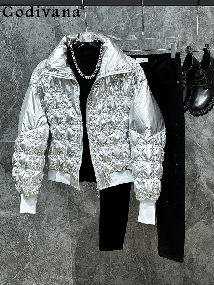 

Winter Fashion Glossy Surface Stand-up Collar Shiny Down Jacket Fashion Man High Street Warm Loose Long Sleeve Versatile Coat