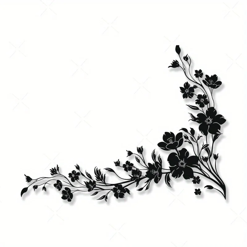 1Pc Black Floral Corner Vinyl Sticker, Waterproof 2D Decal for Car SUV Laptop Water Bottle Helmet Guitar Decor