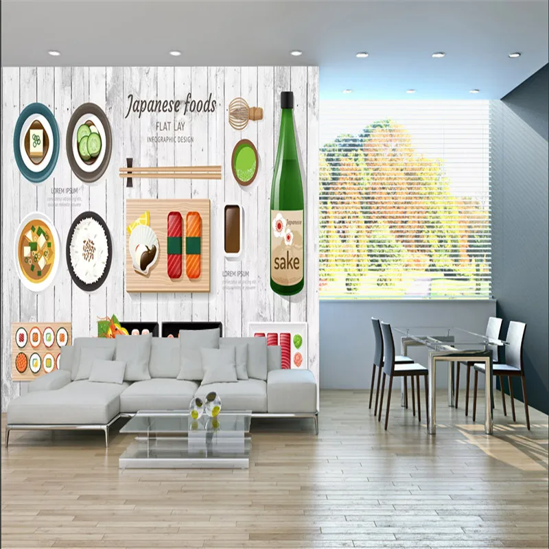 Custom Japanese Foods White Wood Plank Background Wall Paper 3D Sushi Restaurant Snack Bar Industrial Decor Mural Wallpaper 3D