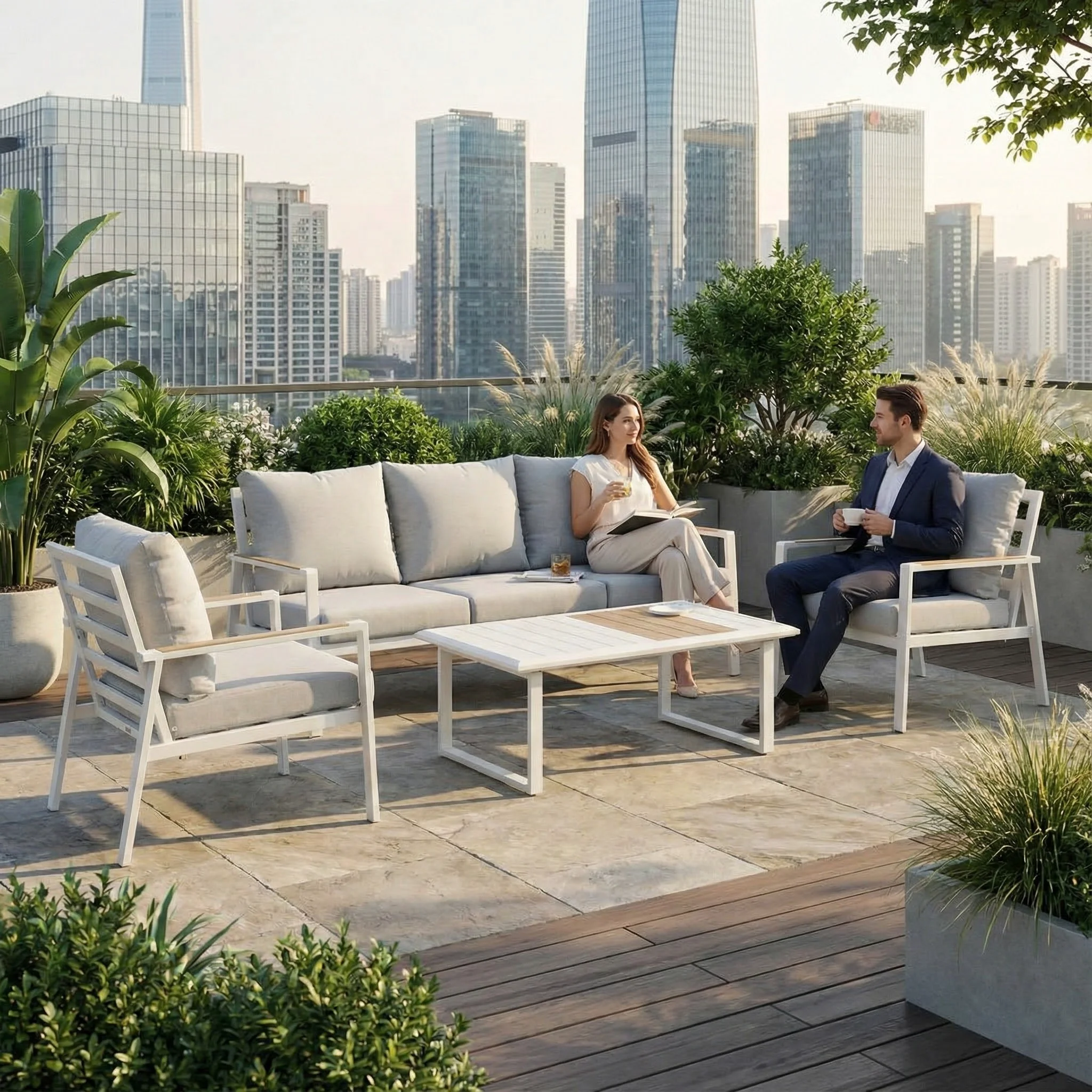 

Современный алюминиевый комплект уличной мебели: прочные садовые диваны и наборы для патио, идеально подходящие для двора и террасы.