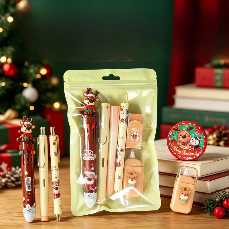 6Pcs/Bag Christmas Stationery Set Santa Reindeer Pen Eraser Correction Tape Highlighter Pencil Xmas Gifts for Kids Students