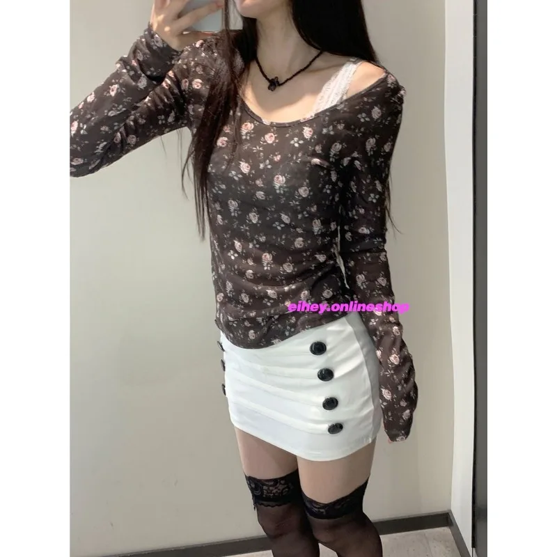 Korean-style Floral Print Sweet Long-sleeved T-shirt Women 2026 Autumn New High Street All-match Perspective Sexy Tops