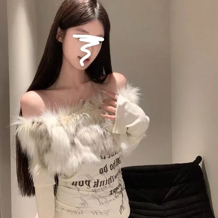 미국 럭셔리 퍼 그래픽 긴팔 티셔츠 Y2K 여성 오프숄더 탑 가을 겨울 빈티지 스파이시 걸즈 티 슬림핏 탑