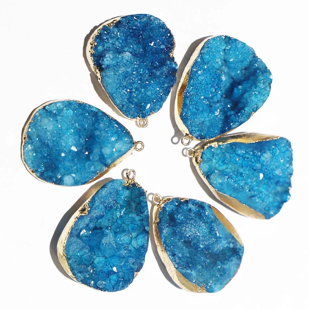 Natural Raw Stone Blue Sparkling Hole Agate Pendant Necklaces DIY Clavicle Chain Unpolished Irregular Jewelry Wholesale 5Pcs/Lot