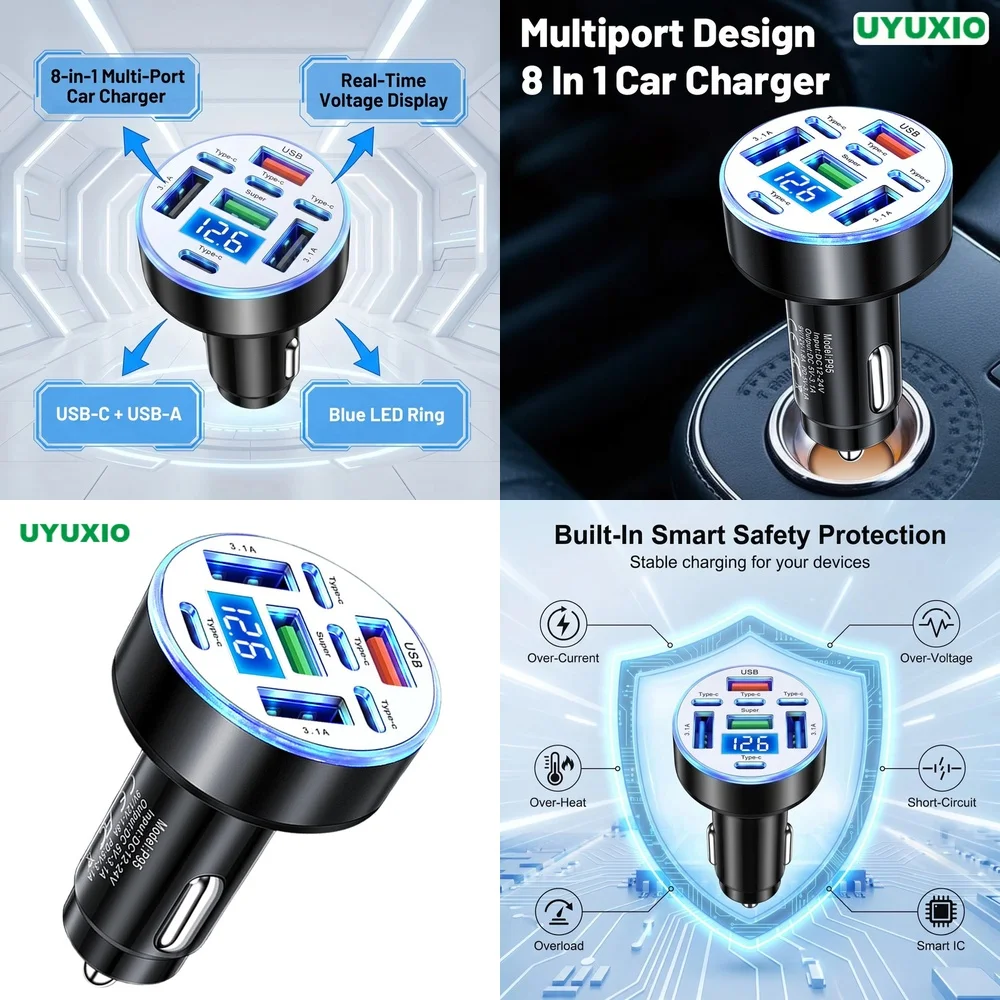 Smart 8 in 1 Multi Port Car Charger for iPhone 16 Pro Max Samsung S26 Ultra iPad with Digital Voltage Display for All Gear