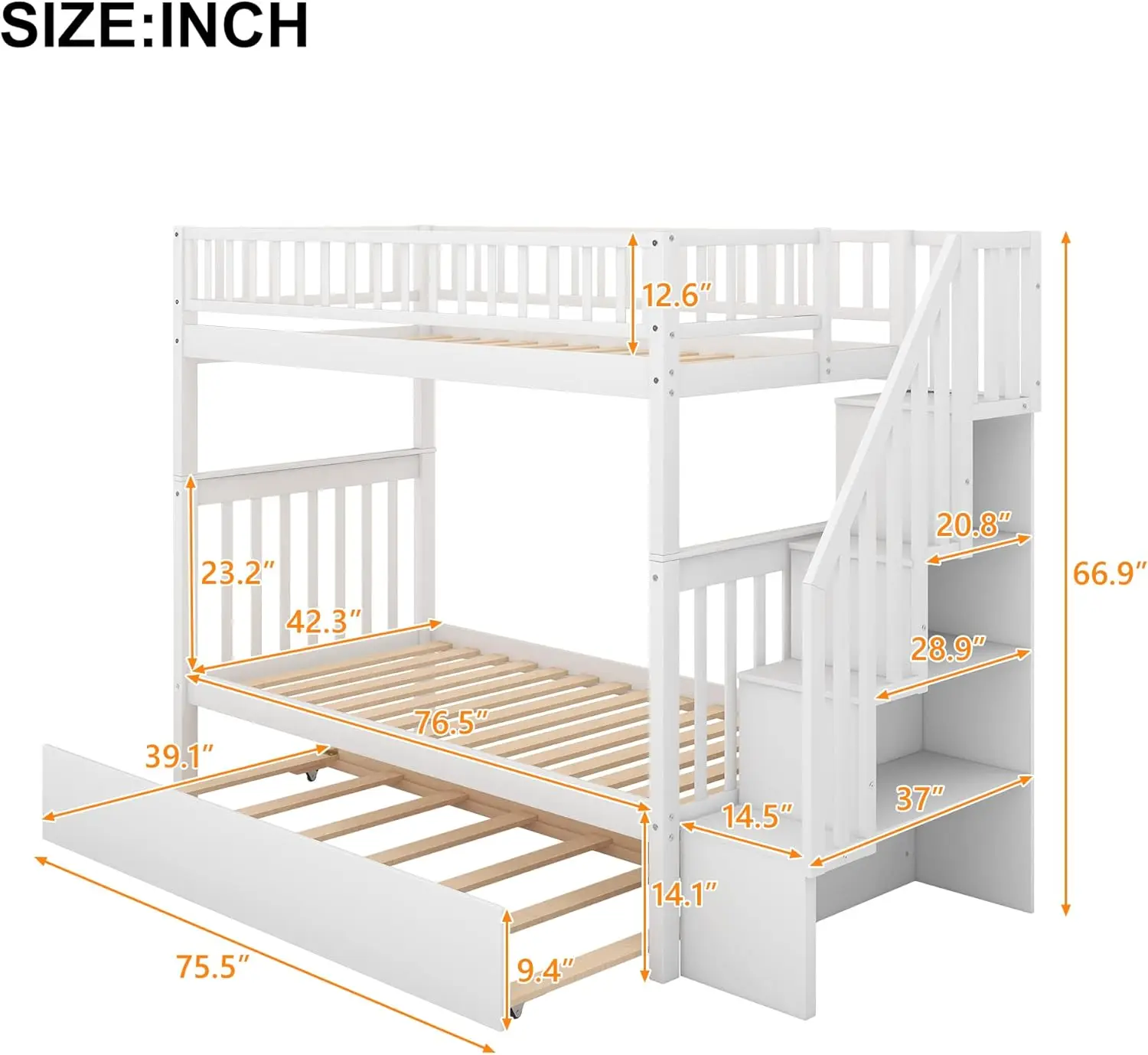 Solid Wood Twin over Full Bunk Bed with Stairs Storage Drawers Ladder Kids Teens Adults White Modern Design Easy Assembly Safe