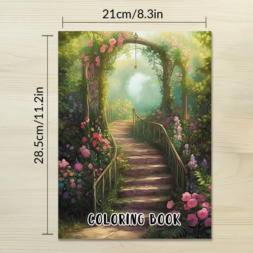Adult Coloring Book - 8.3x11.2 inches, 32 pages, Fantasy Garden Path - Helps relieve stress and makes a great gift