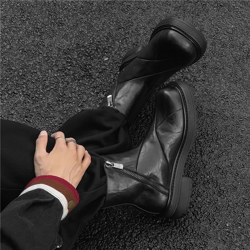 

Men New Black Leather Chelsea Boots British Style Big Head Platform Height Increasing Casual Motorcycle Boots