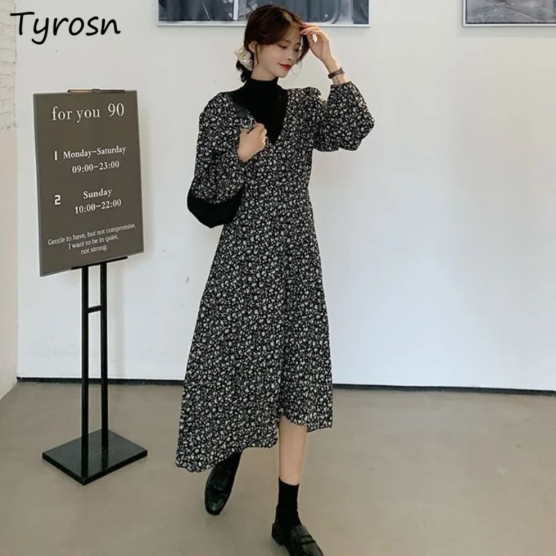 Dresses Women Classic Design Floral M-3XL Comfortable Korean Style Simple All-match Autumn Turtleneck Ladies Leisure Retro New