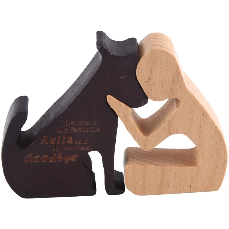 Wooden Dog Family Statue Ornaments Handmade Wood Decoration, Ornament Craft Arts For Office, Living Room (Man+Puppy)