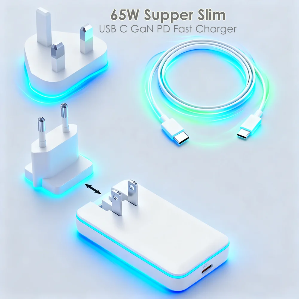 65W Flat GaN Charger, USB C Wall Charger with PPS, Folding Travel Adapter for Laptop Tablet Phone, Ultra Slim USB C Charger