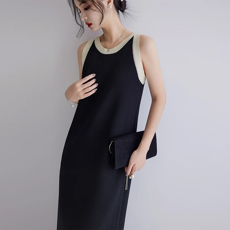 

DAISULE White Striped Sleeveless Knitted Vest Dress Loose Slimming Women's Summer Casual H-Shape Straight Tube Skirt Dress