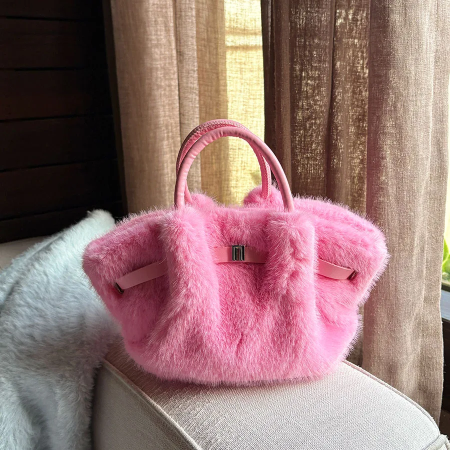 

Chic Plush Women's Tote Bag, Imitation Mink Fur Women Handbag, Vegetable Basket Bag, Pleated Bag, Stylish Shoulder Crossbody Bag