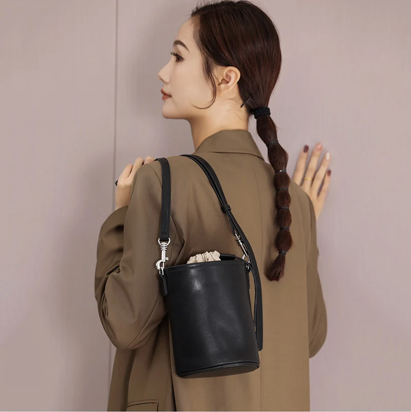 2024 Summer New Fashion Cylinder Bag for Women Split Leather Mini Underarm Shoulder Bag Lady Small Cross-body Messenger Handbag