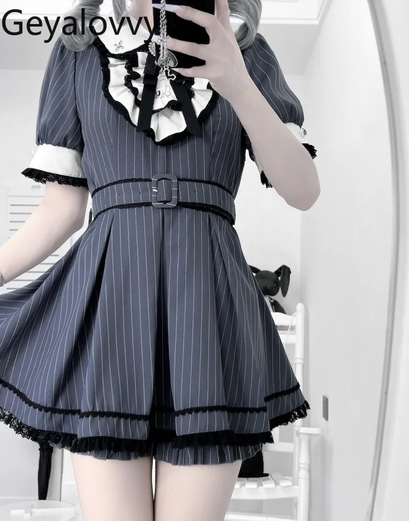 

Japanese Original Sweet Girl High Waist Slim Versatile Dress Short Sleeve Doll Collar Striped Dresses and Shorts Two-piece Set