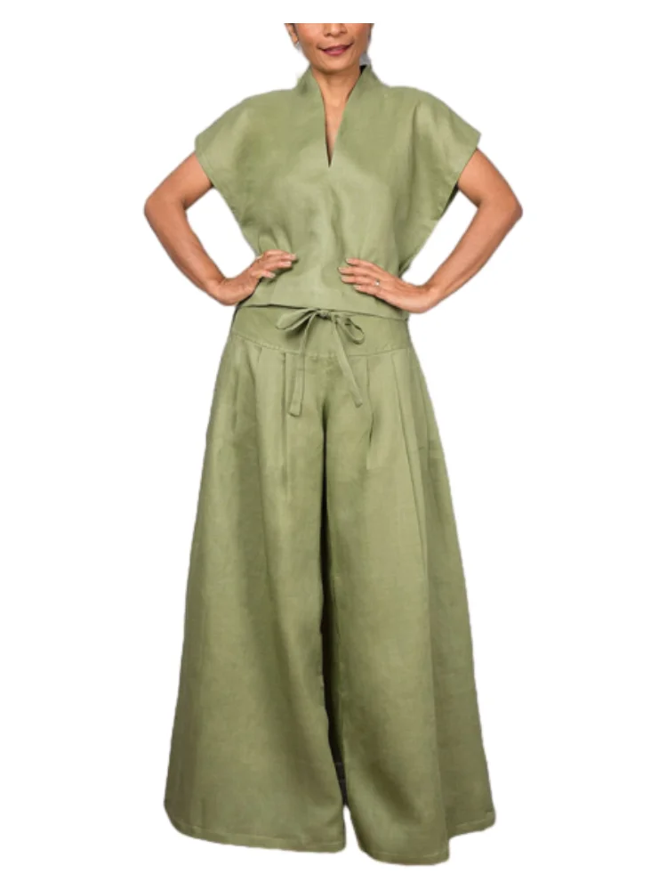 

Missuoo Women's Cotton and Linen Top & Pants Solid Green V-neck Short Sleeves T-shirt Drawstring High Waist Wide Leg Trousers
