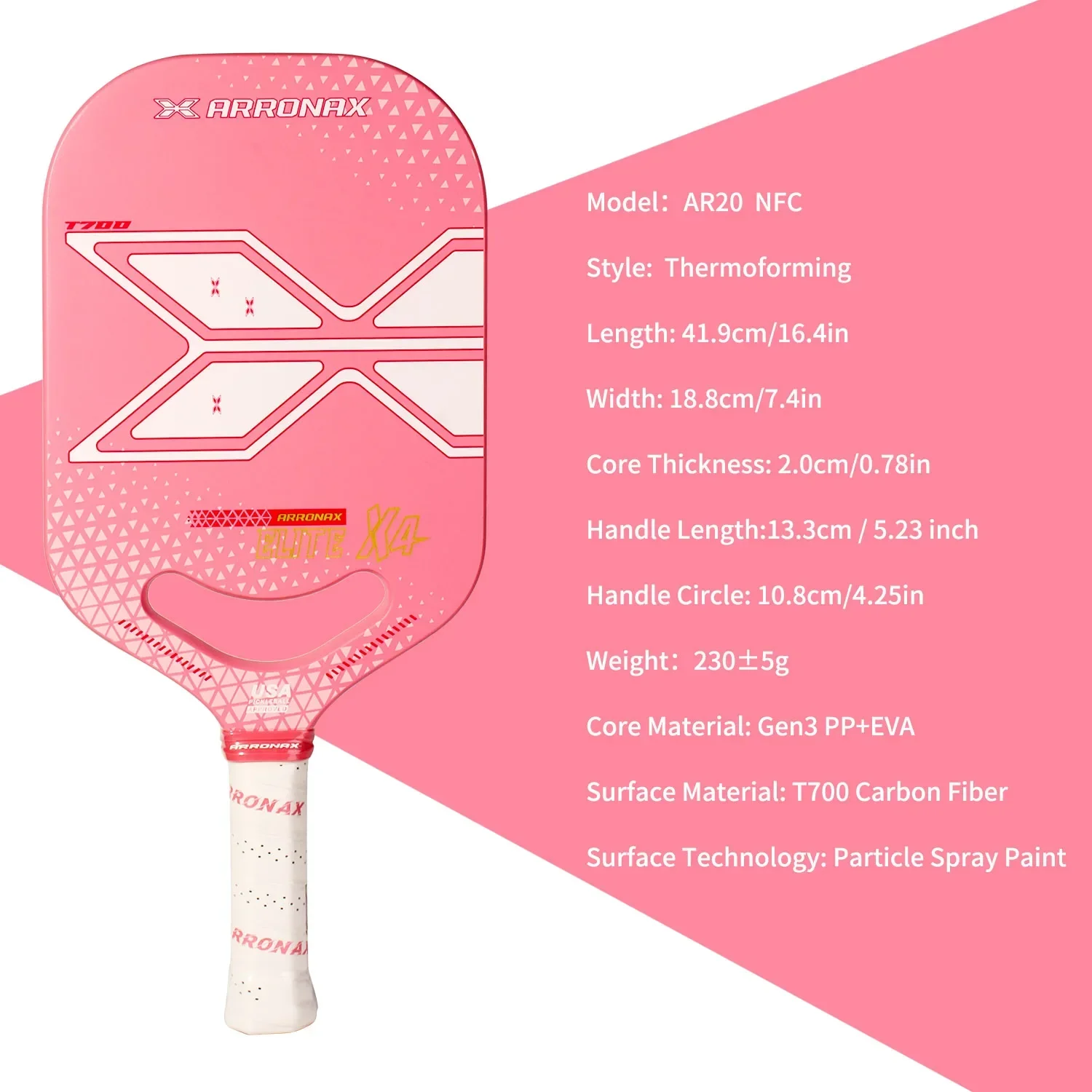 Arronax Thermoformed Unibody T700 Surowe włókno węglowe Zatwierdzone przez USAPA Pickleball Paddle Particle Farba w sprayu Powierzchnia 20 mm