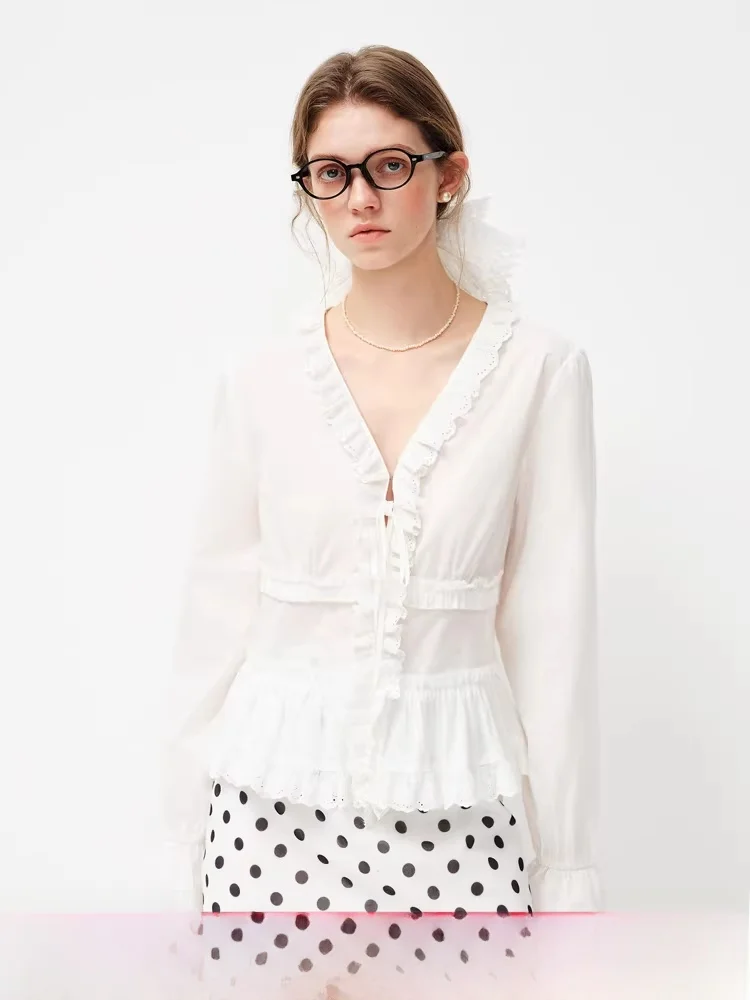 

Vivian Fanchen Long Sve V-ne Lace Patchwork Women's irt Spring 2026 New Sle Commute Sle Cotton Bell Sve