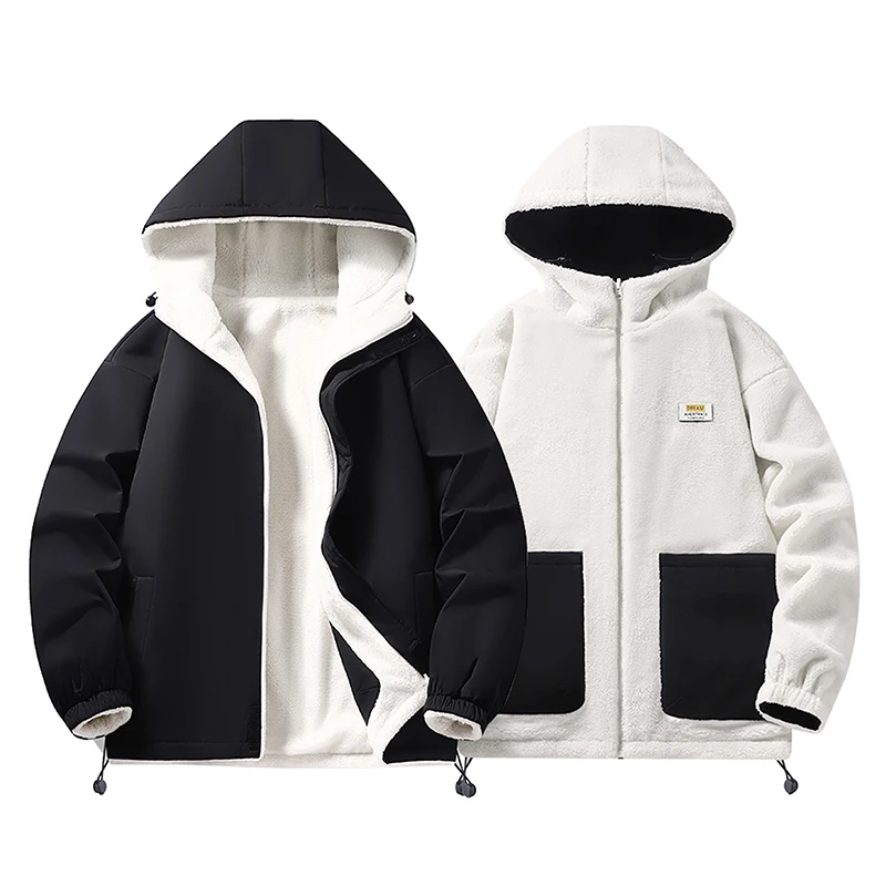 2024 winter new cotton-padded jacket plus fleece thickened couple's warm top with hooded tide brand double-sided wear lamb wool