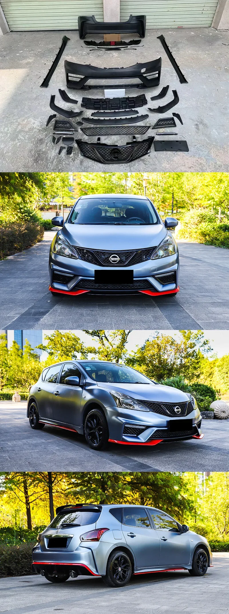 

Подходит для 11-15 Nissan Hatchback Tiida, модифицированный Nismo, большой объемный передний стержень, задняя планка, боковая юбка, комплект выхлопной системы