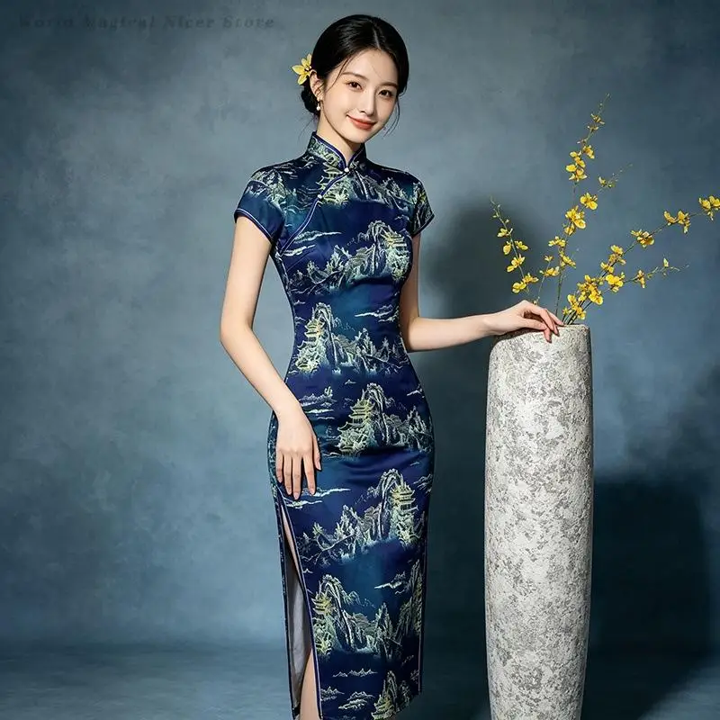 Spring Summer New Slim Qipao Dress for Women Vintgae Print Flower Chinese Style Party Cheongsam Sexy Short Sleeve Split Vestidos