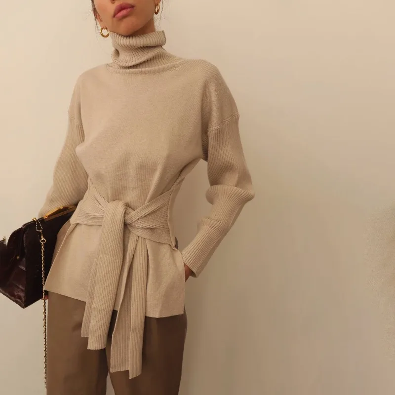 

Women Turtleneck Knitted Sweater Long Sleeve With Sashe Loose Waist Pullover Tops Y2K Casual Jumper Blouse Office Lady Commuter