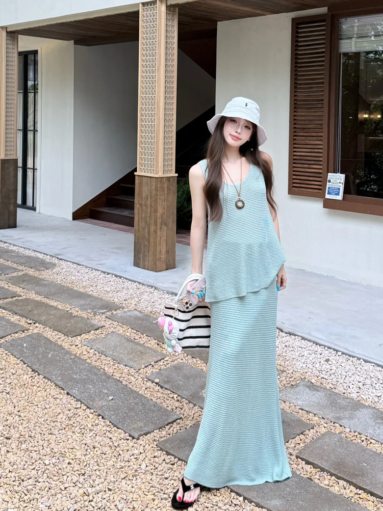 

Elegant Color Sleeveless Vest Top Women's Summer Loose Midi Skirt Two-Piece Set Fashionable Breathable Casual Outfit