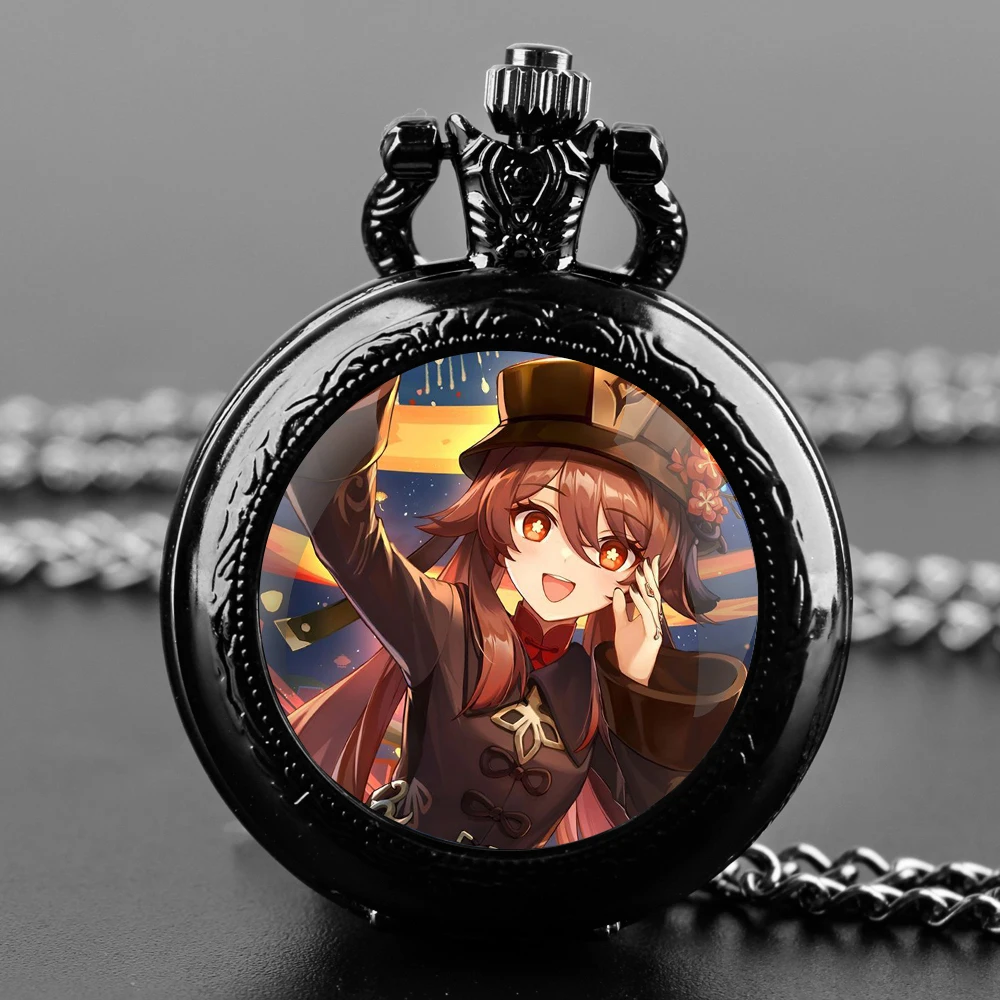 Pocket Watch with Game Characters Design under Glass Dome Boasts Chain and Arabic Numeral Dial Suitable Halloween Gifts