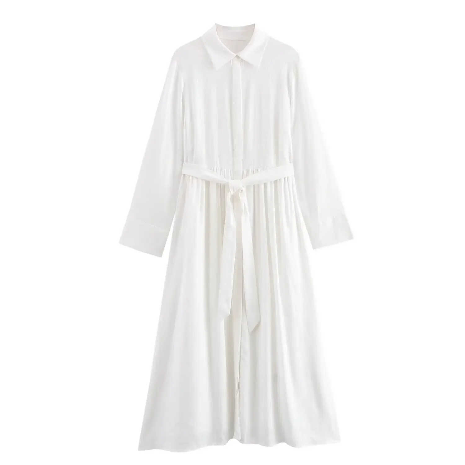 

Women's New Chic Fashion With Belt Loose Single breasted White Shirt Style Midi Dress Retro Long sleeved Women's Dress Mujer