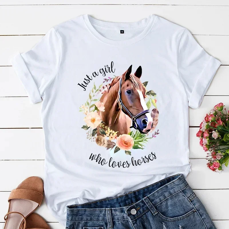 Just A Girl Love Horse Women T Shirt summer Short Sleeve O Neck Tshirts Horse Animal Print lady Clothes Tee top Female T-shirt