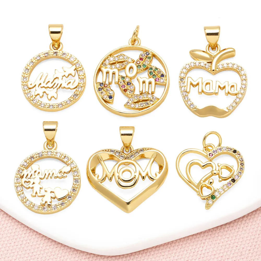 OCESRIO White Crystal Heart Mama Pendant for Necklace Copper Gold Plated Apple Lip Butterfly Mom Jewelry Making Supplies pdta446
