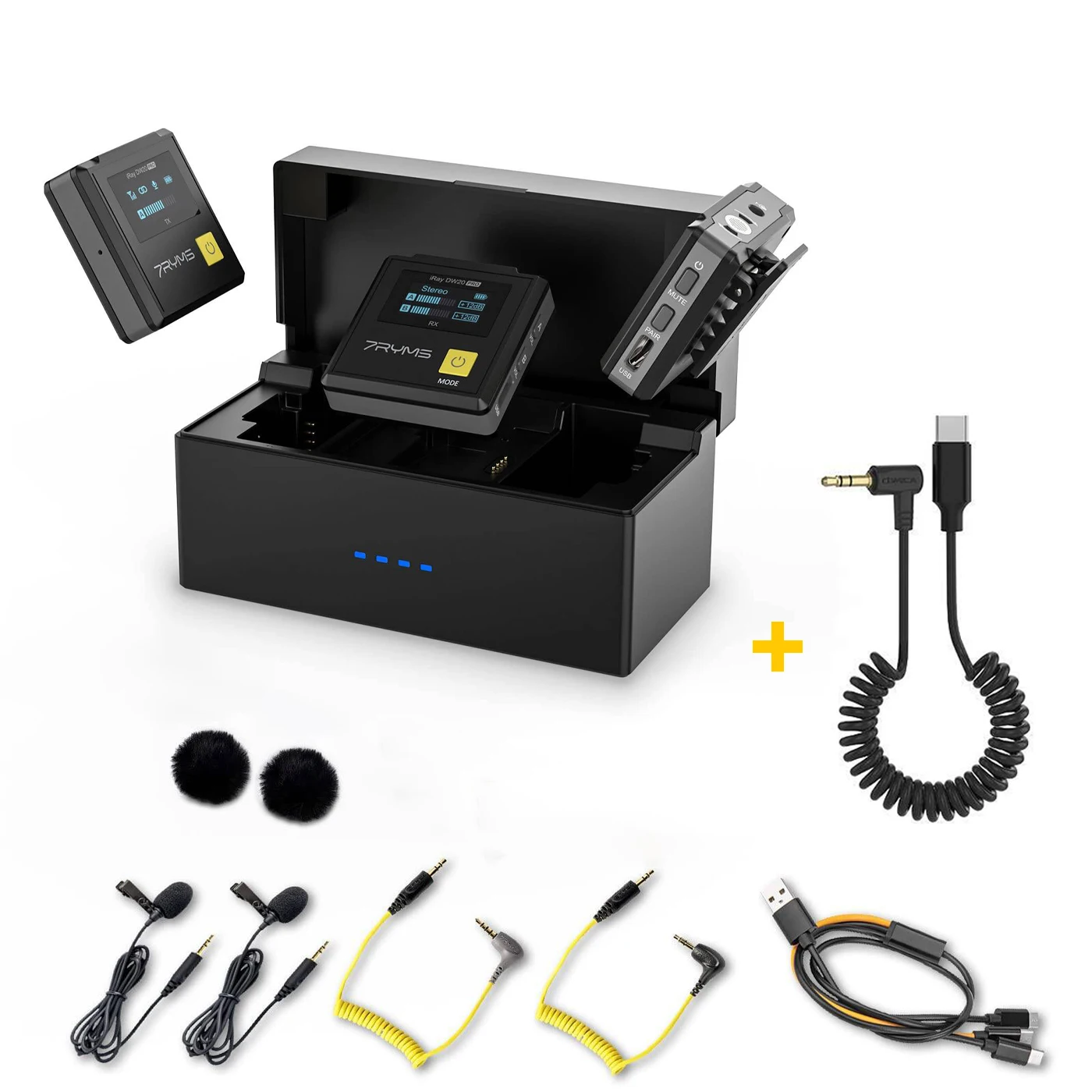 7RYMS iRay DW20 PRO Draadloze reversmicrofoon met oplaadetui voor Dslr-camera iPhone Android Smartphone Youtube-opname