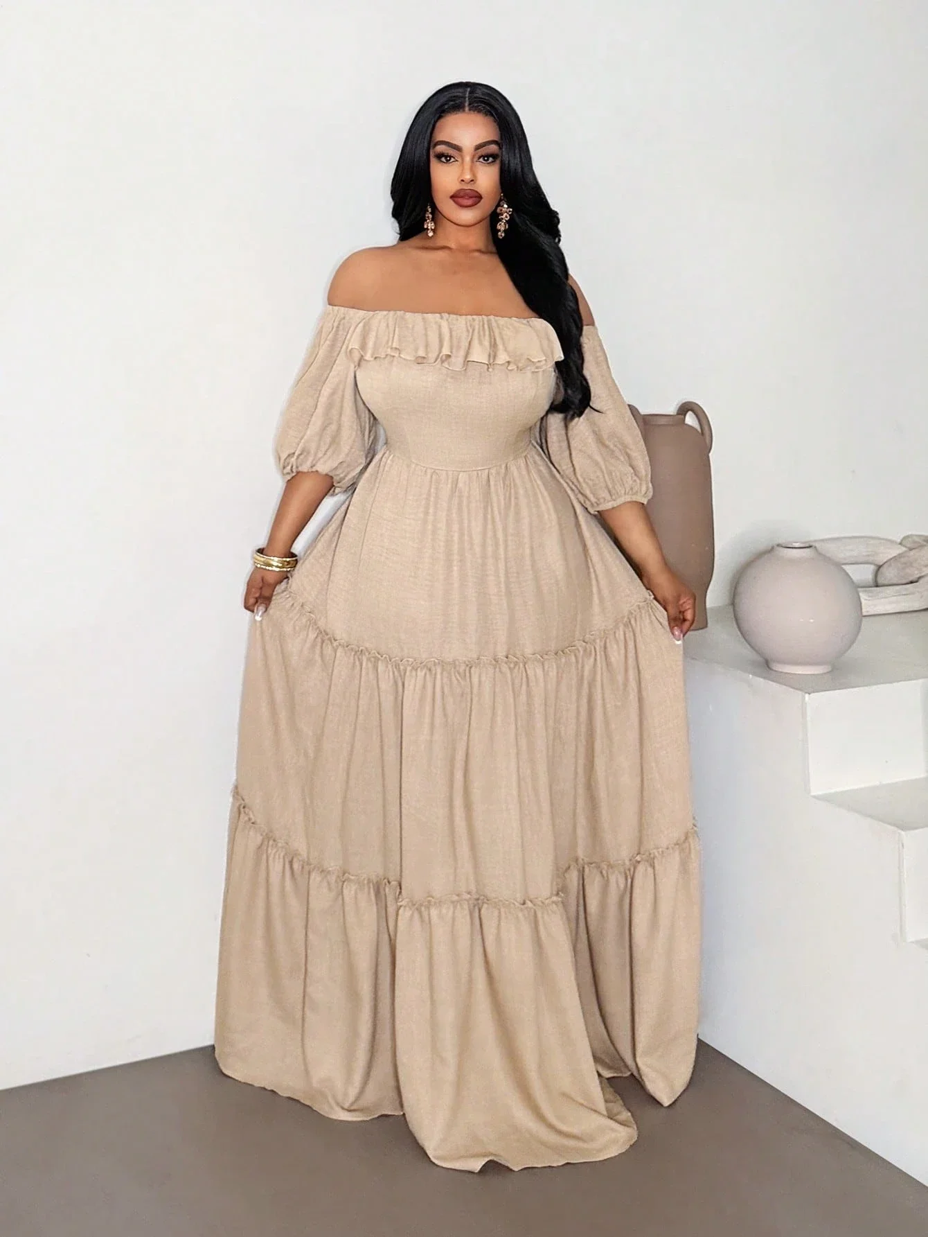 

Off Shoulder Ruffle Lantern Sleeve Tiered Maxi Dress For Women