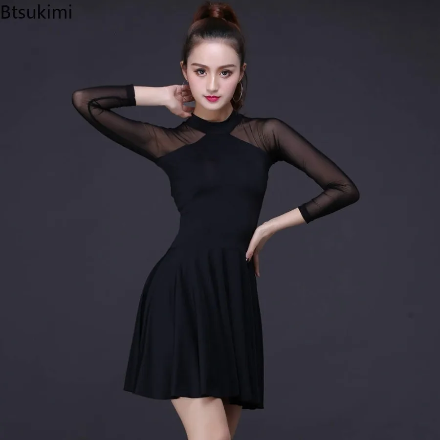 Women Latin Dance Dress Long Sleeve Mesh Dancing Dress Dance Performance Clothing Adult Female Practise Dress Fishbone Skirts
