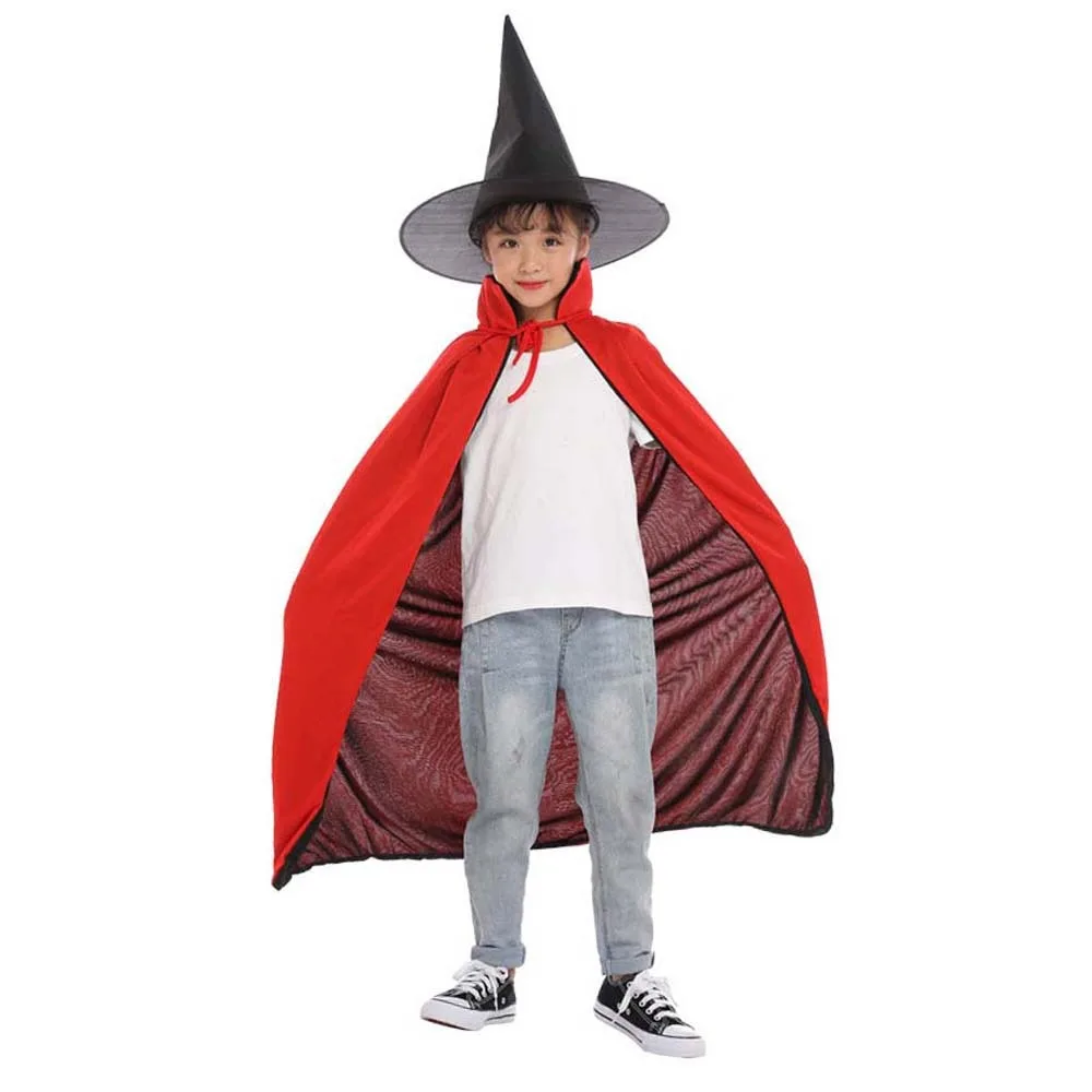 Death Reaper Magician Cloak Halloween Cloak with Hat Performance Costumes Black Red Wizard Robe Cosplay Double Layer