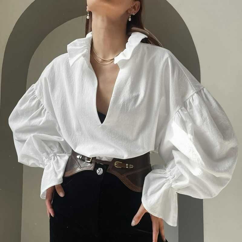 Spring 2026 American Elegant Fashionable Pure Cotton White Shirt Loose Texture V-neck Puffed Sleeves Long-sleeved Top for Women