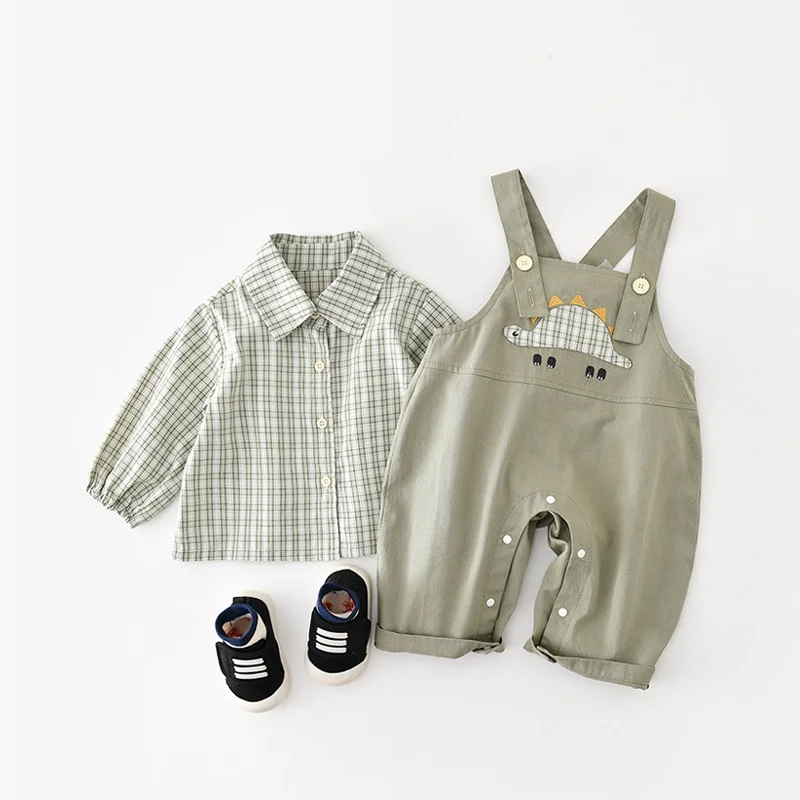 2026 Autumn 2Pcs Baby Clothes Set Plaid Shirt Dinosaur Embroidered Children Suspender Pants Soft Toddler Preppy Kids Outfit