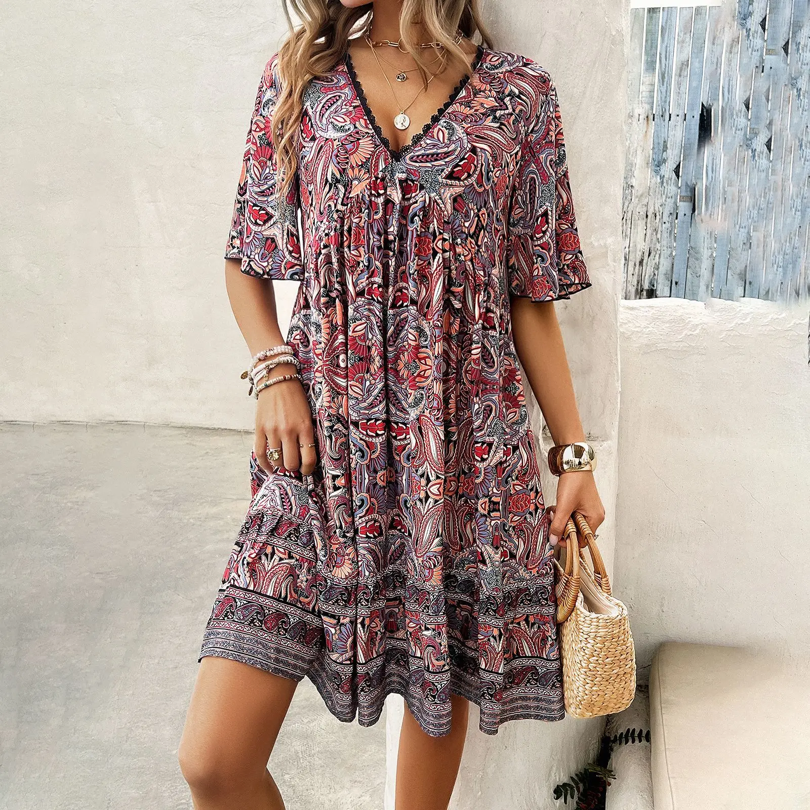 Vintage Boho Floral Print Women's Summer Mini Dress Casual Short Sleeve V-Neck Beach Sundress Holiday Bohemian Party Dresses