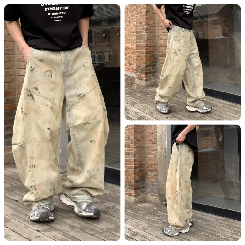 High-end American yellow mud-dyed dirty-dyed graffiti scimitar pants men's loose jeans men and women's street wide-leg pants