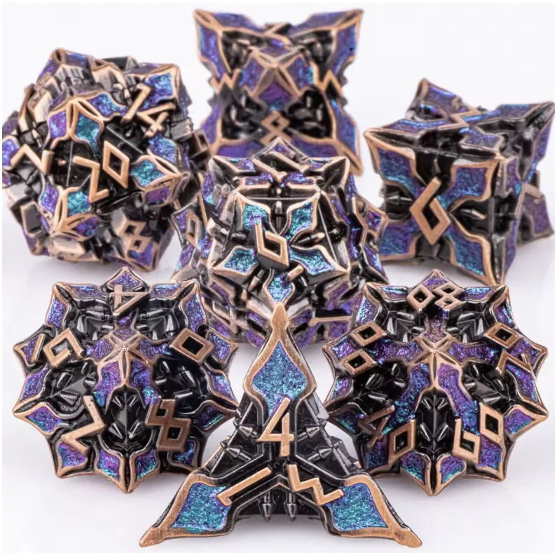 Angular Hollow‑Carved Metal Dice Set 7Pcs Polyhedral DND Dice for D&D RPG Tabletop Game Assorted Colors