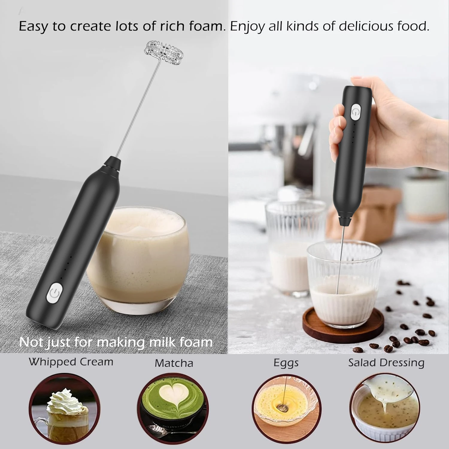 Milk Frother, 3-Speed Electric Frother for Coffee with Whisk and Frother, USB Rechargeable Milk Foamer Maker