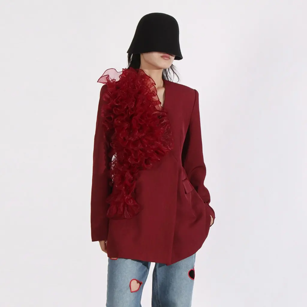 

Женский тонкий пиджак с рюшами в стиле ретро, элитный ангорский красный модный осенний новый стиль