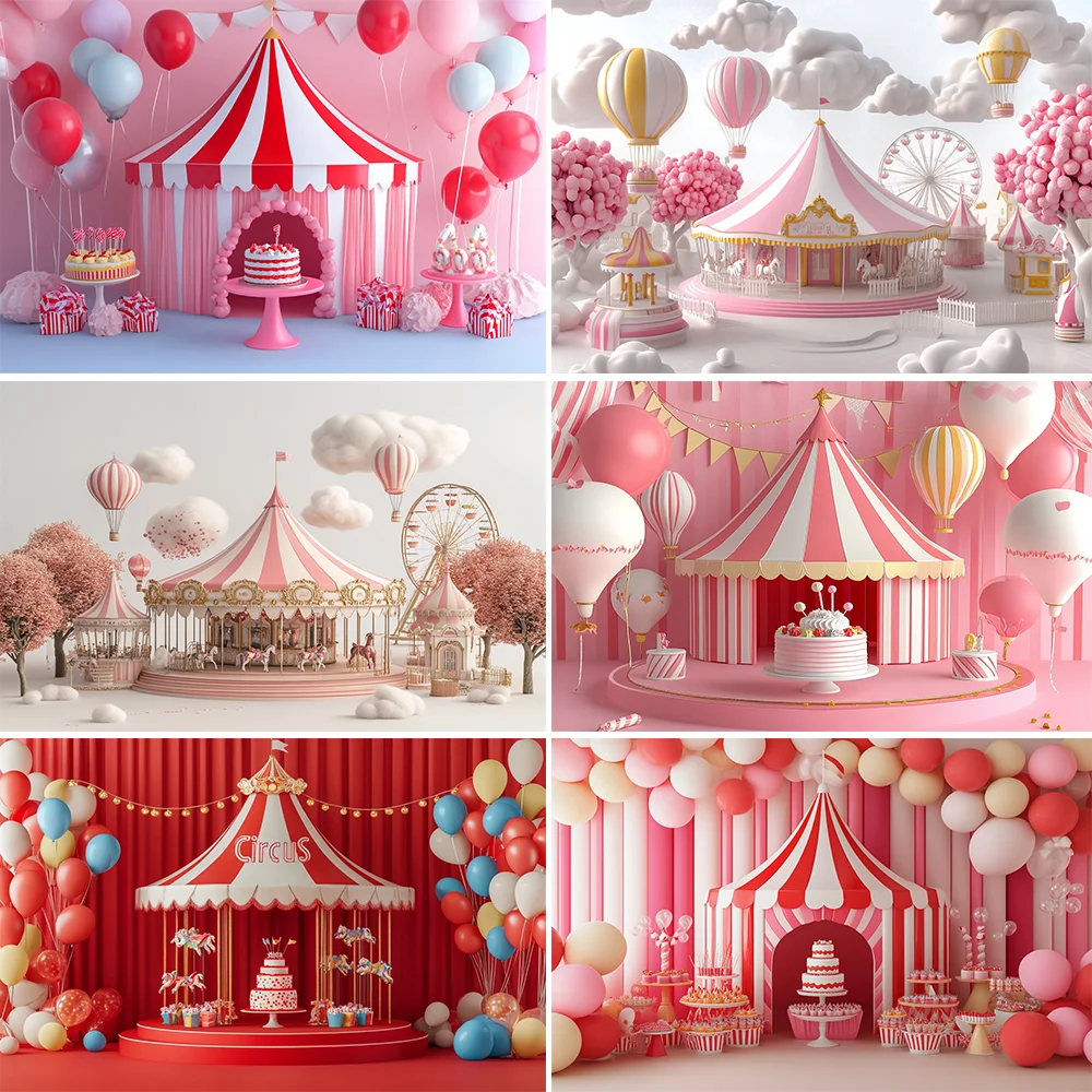 

Circus Red Tent Ferris Wheel Carousel Hot Air Balloon Kid Birthday Party Banner Backdrop Custom KidPhoto Poster Decor Background