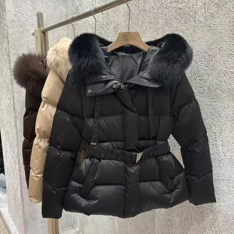 Women's Belted Down Jacket, White Duck Down-Filled Fox Fur Hooded Warm Jacket, High-Quality Puffer Jacket, 2026, New Arrival,