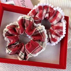 Retro Red Lace Plaid Large Hair Scrunchies Headbands for Womens Girsl Hair Rope Rubber Band Fashion New Year Christmas Headdress